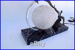 French Art Deco Table Lamp Ball Glass Shade Marble Base Seagull