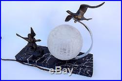 French Art Deco Table Lamp Ball Glass Shade Marble Base Seagull