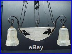 French Art Nouveau Ceiling Lamp Wrought Iron & 4 Lights Satin Glass Shades
