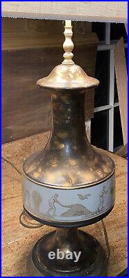 French empire hand painted Art glass table Lamp MCM bronze swirl, roman images