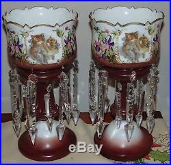 GORGEOUS & RARE ANTIQUE Candle Lustres BRISTOL GLASS Prisms CATS