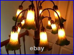 GORGEOUS Tiffany Style Lily Pad Floor Lamp 12 Light Art Glass Trumpet Shades 5'T