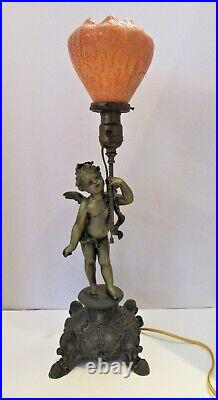 Gorgeous French Ca1900 Art Nouveau Winged Cherub Lamp with Loetz Art Glass Shade