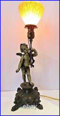 Gorgeous French Ca1900 Art Nouveau Winged Cherub Lamp with Loetz Art Glass Shade
