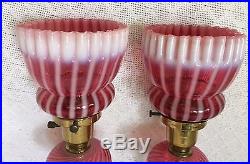 Gorgeous Pair Vintage 1939 Fenton Cranberry Opalescent Stripes Glass Lamps 12