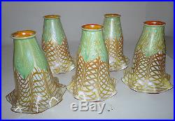Great Set of 5 Vintage QUEZAL AURENE Feathered Iridescent Art Glass Lamp Shades