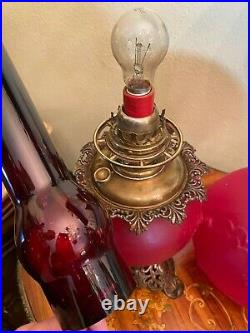 Gwtw Antique Fostoria Art Nouveau Deco Oil Banquet Tulip Flower Red Glass Lamp