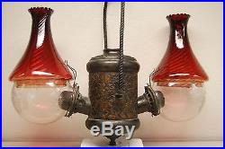 Gwtw Victorian Antique Bronze Arts Crafts Glass Kerosene Oil Angle Hanging Lamp
