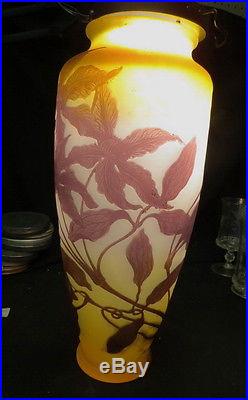 HUGE 19 classic Emile Galle' Cameo Art Glass Vase fruit & leaves DRILLED 4 lamp