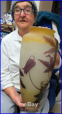 HUGE 19 classic Emile Galle' Cameo Art Glass Vase fruit & leaves DRILLED 4 lamp