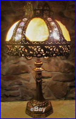 HUGE Antique 5 Arm Slag Glass Lamp with Jeweled Shade, Ornate Filigree, Art Deco