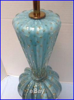 HUGE VINTAGE MCM MURANO ITALY GLASS LAMP Cased Blue GOLD BUBBLES BAROVIER TOSO