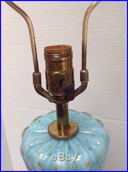 HUGE VINTAGE MCM MURANO ITALY GLASS LAMP Cased Blue GOLD BUBBLES BAROVIER TOSO