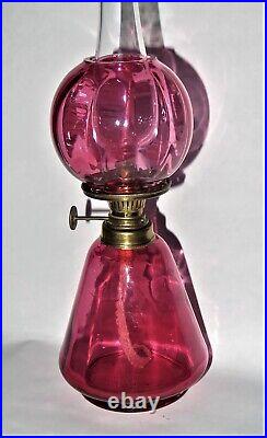 H 212 Cranberry Mary Gregory Victorian Art Glass Miniature Antique Oil Lamp