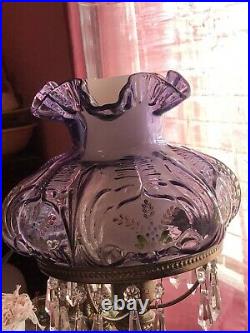 Hand Painted Fenton Student Lamp Purple Glass Shade Signed