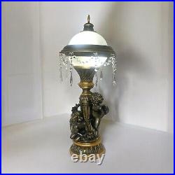 Handcrafted Unique Cherub Table Lamp With Antique Gold Finish & Elegant Crystal