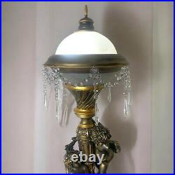 Handcrafted Unique Cherub Table Lamp With Antique Gold Finish & Elegant Crystal