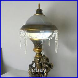 Handcrafted Unique Cherub Table Lamp With Antique Gold Finish & Elegant Crystal