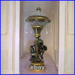 Handcrafted Unique Cherub Table Lamp With Antique Gold Finish & Elegant Crystal