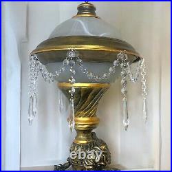 Handcrafted Unique Cherub Table Lamp With Antique Gold Finish & Elegant Crystal