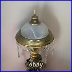 Handcrafted Unique Cherub Table Lamp With Antique Gold Finish & Elegant Crystal