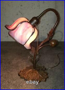 Handel Arts & Crafts Leaded Stained Slag Glass Pink Tulip Desk or Accent Lamp
