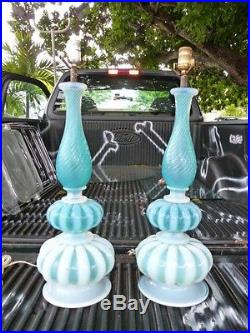 Huge Barovier Toso Iridescent Turquoise Wedding Cake Murano Glass Table Lamps
