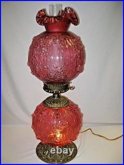 Huge JUMBO Vintage Fenton Cranberry GWTW Cabbage Rose Lamp Excellent Condition