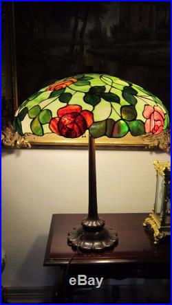 Huge John Morgan & Son Multi Color Lead Glass Arts Crafts Roses Table Lamp
