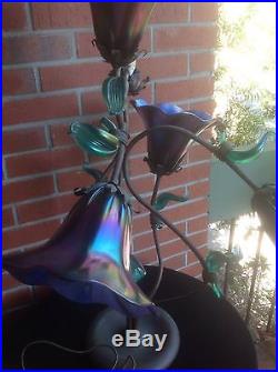 JOHN COOK STUDIO IRRIDESCENT BLUE LOTUS ART GLASS LAMP Signed & #