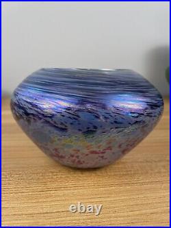 James Alloway Signed Large Art Glass Oil Lamp Bowl Candle Dish Iridescent Purple