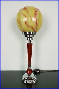 LARGE Art Deco Lamp, 1930s Chrome, Bakelite Catalin Czech Antique Glass Shade
