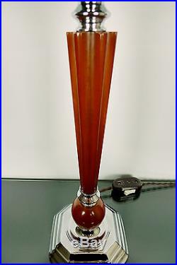 LARGE Art Deco Lamp, 1930s Chrome, Bakelite Catalin Czech Antique Glass Shade