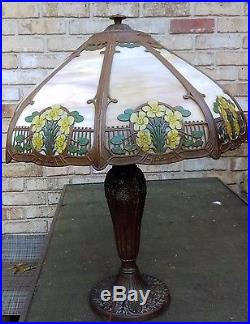 Large Fine Art Nouveau Slag Glass Lamp Enameled Floral Design C. 1910 A & R Co