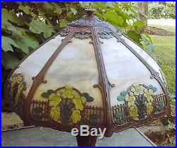 Large Fine Art Nouveau Slag Glass Lamp Enameled Floral Design C. 1910 A & R Co