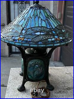 LARGE Tiffany Style Stained Glass Lamp Lighted Cast Bronzed Brass Heavy Base 23