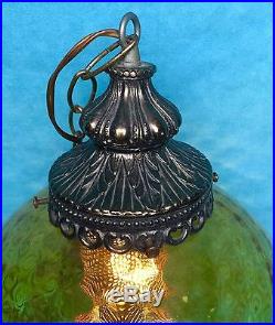 LG Vintage Mid Century AMBER Optic Art Glass Ball Shade Hanging Swag Lamp Light