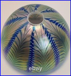 LUNDBERG Studios Art Glass Table Lamp Irridescent Blue with Pulled Feather Shade