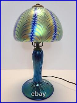 LUNDBERG Studios Art Glass Table Lamp Irridescent Blue with Pulled Feather Shade