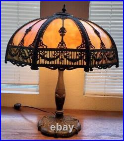 Large Antique Slag Glass Panel Lamp Empire Chicago Caramel & Multi Color
