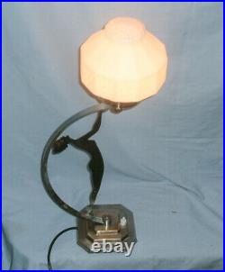 Large Art Deco Chrome'Lady' Lamp with 12 sided Milk Glass Shade