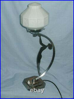 Large Art Deco Chrome'Lady' Lamp with 12 sided Milk Glass Shade