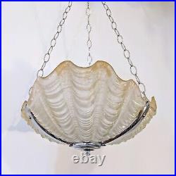 Large Art Deco Glass Chrome Clam Shell Pendant Light Vintage Lampshade 1930s 40s