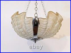 Large Art Deco Glass Chrome Clam Shell Pendant Light Vintage Lampshade 1930s 40s