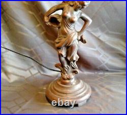 Large Art Nouveau 2 Art Glass Shades Figural Lady Lamp Figural Statue Table Lamp