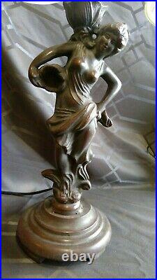 Large Art Nouveau 2 Art Glass Shades Figural Lady Lamp Figural Statue Table Lamp