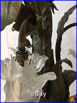 Large Art Nouveau Patinated Bronze and Glass Floral Lamp Circa 1920