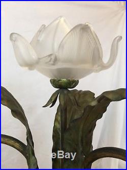 Large Art Nouveau Patinated Bronze and Glass Floral Lamp Circa 1920