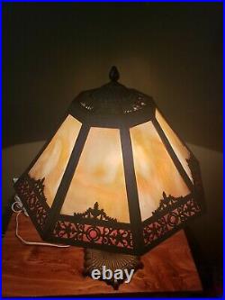 Large Art Nouveau Slag Glass Shade Caramel/Coral tones Table Lamp, READ