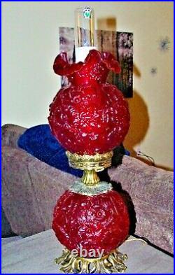 Large Fenton L&L 729 Cranberry/Red Poppy GWTW Lamp 26 Tall, Ruby Red, Gold